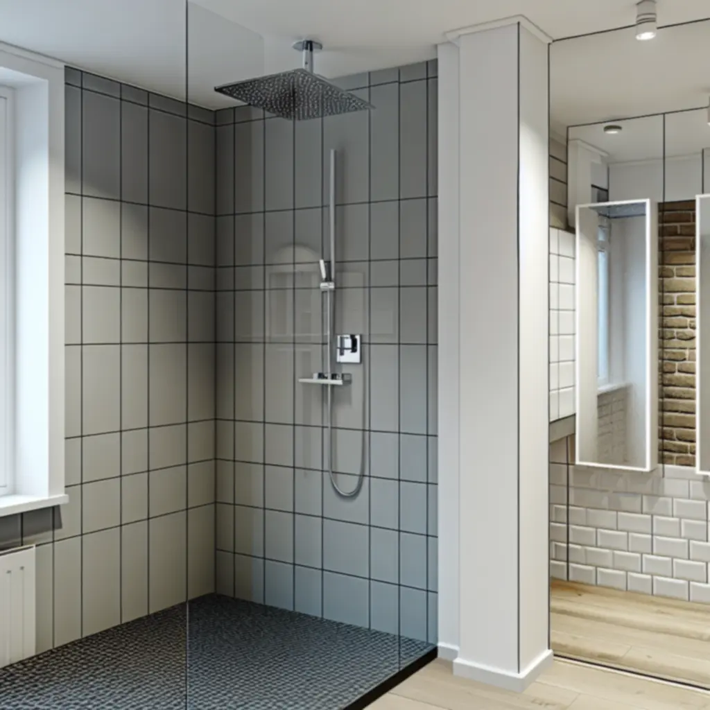 Moderne badkamer na renovatie met inloopdouche en luxe tegels