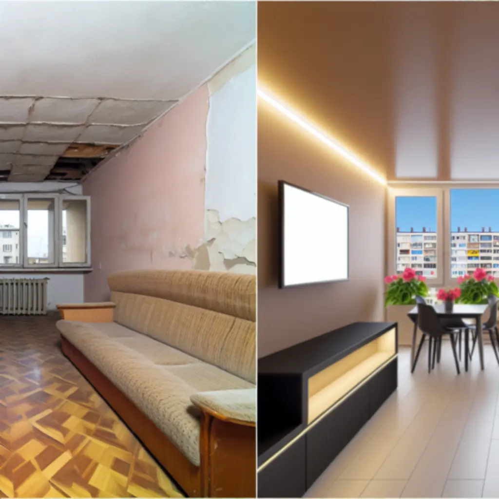 Voor- en nafoto van een volledig gerenoveerd appartement