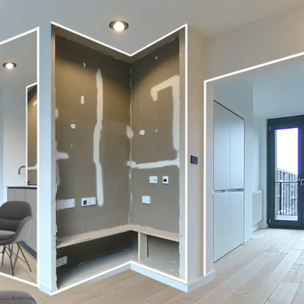 Detail van strakke afwerking aan een wand en plafond in een gerenoveerd appartement.