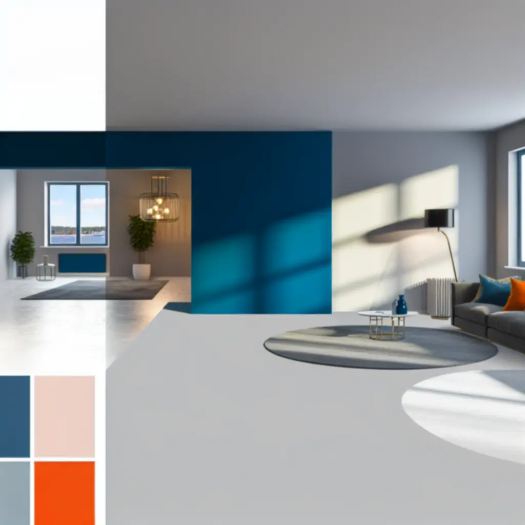 Getransformeerde woonkamer met vernieuwde vloer, schilderwerk en verlichting.