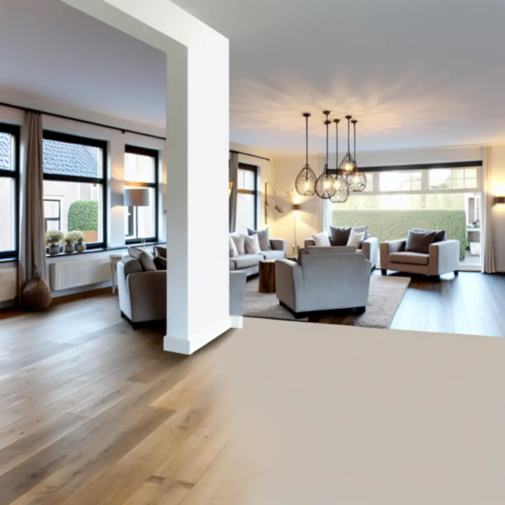 Moderne en lichte woonkamer na renovatie met nieuwe vloer en verlichting